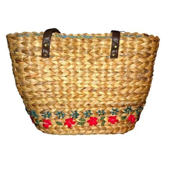Natural Life Nantucket Large Flower Embroidered Straw Market Tote Bag 17"X12"X6" - Picture 3 of 11